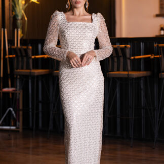 Bej Uzun Kol Kare Yaka Boncuklu Abiye Elbisesi ABU5165