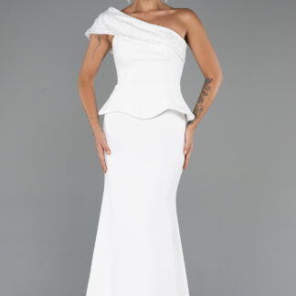 Ekru Pullu Tek Omuz Uzun Nikah Elbisesi ABU5295