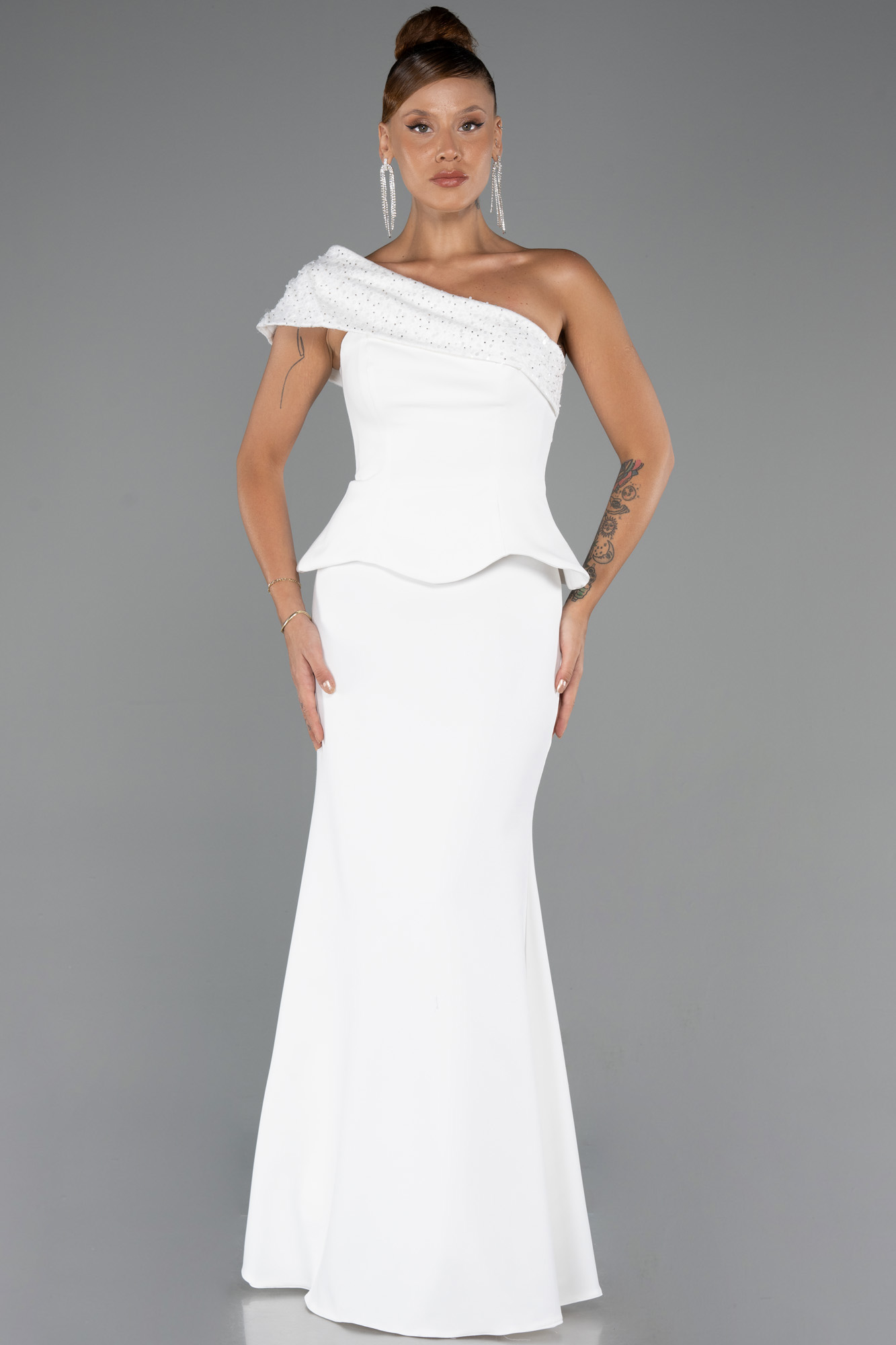 Ekru Pullu Tek Omuz Uzun Nikah Elbisesi ABU5295