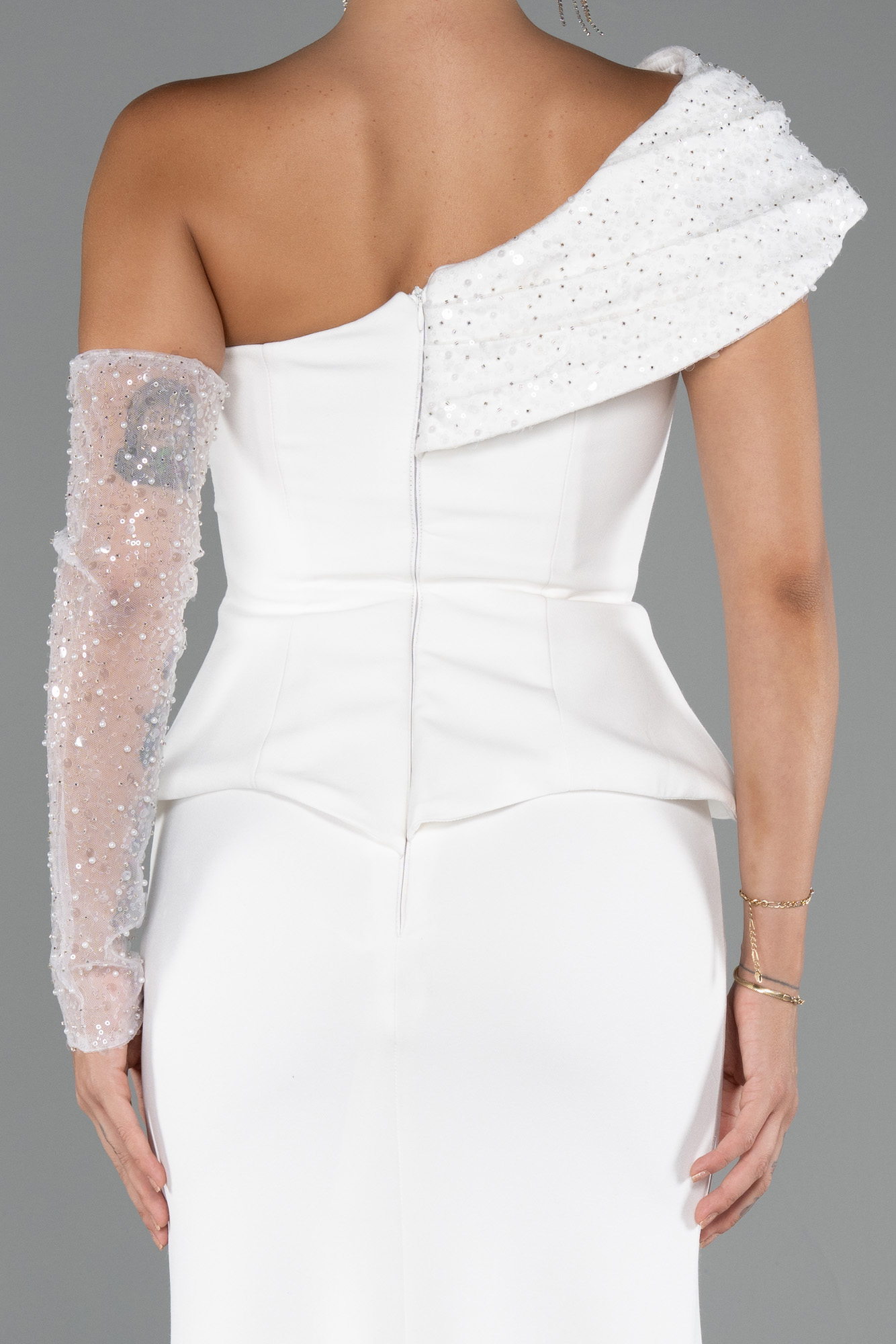 Ekru Pullu Tek Omuz Uzun Nikah Elbisesi ABU5295 - Görsel 2