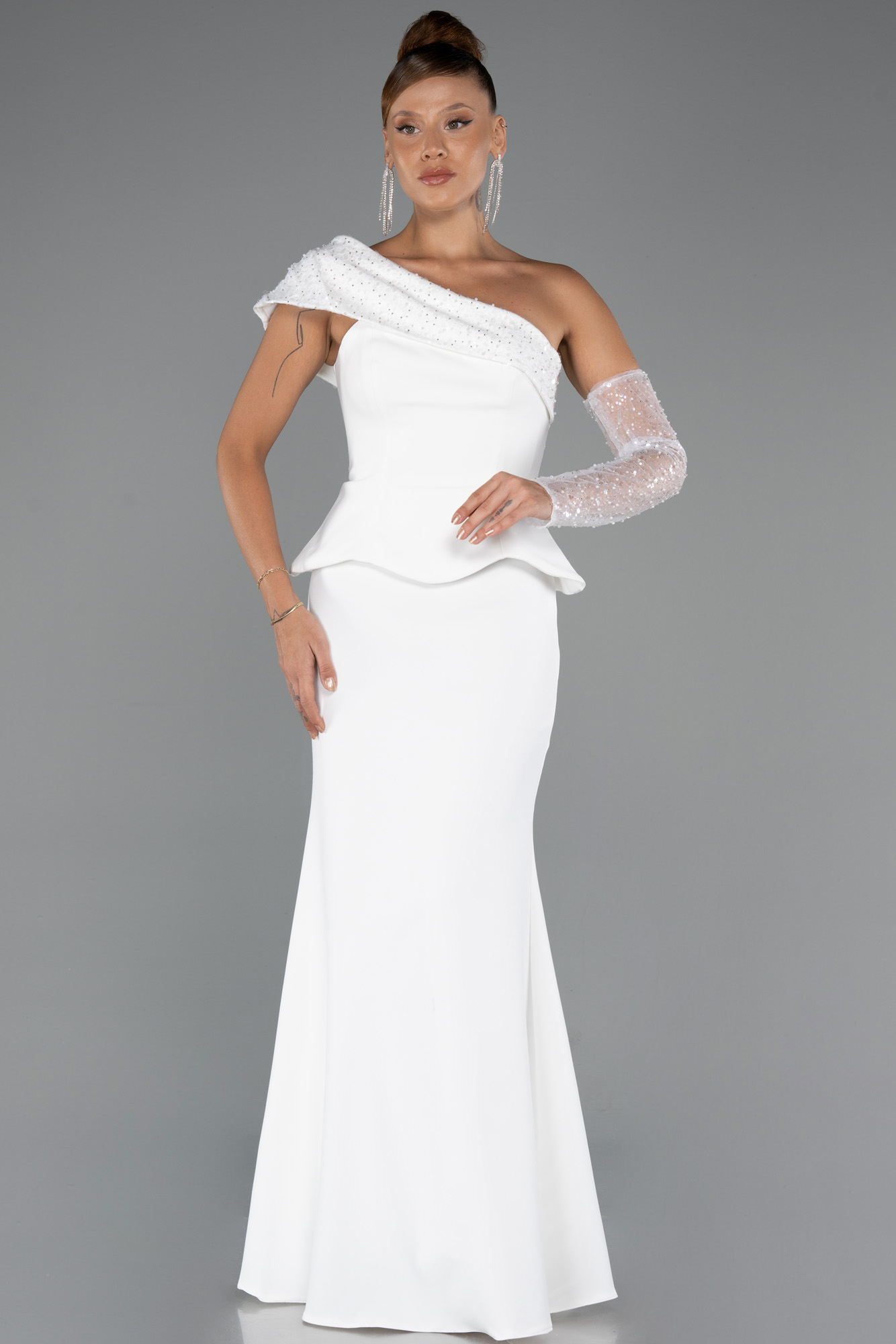 Ekru Pullu Tek Omuz Uzun Nikah Elbisesi ABU5295 - Görsel 3