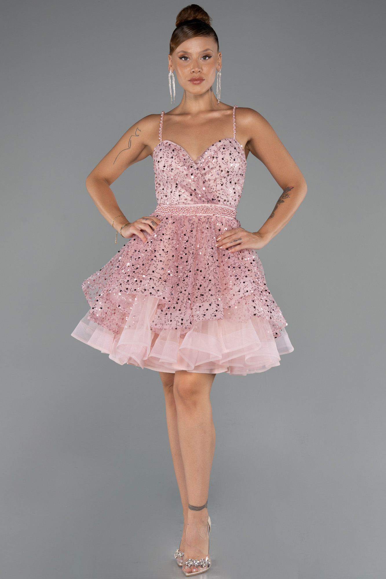 Pudra Askılı Kısa Pullu Büyük Beden Nişan Elbisesi ABK2436