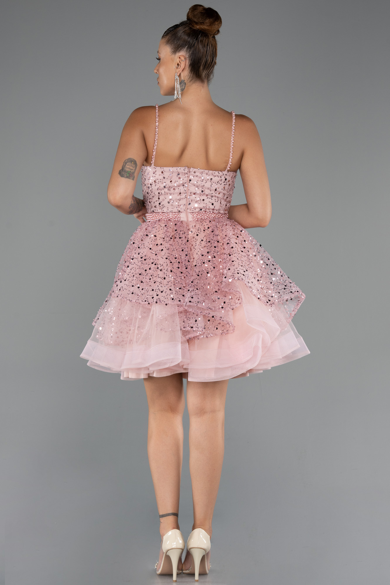 Pudra Askılı Kısa Pullu Abiye Elbisesi ABK2435 - Görsel 2