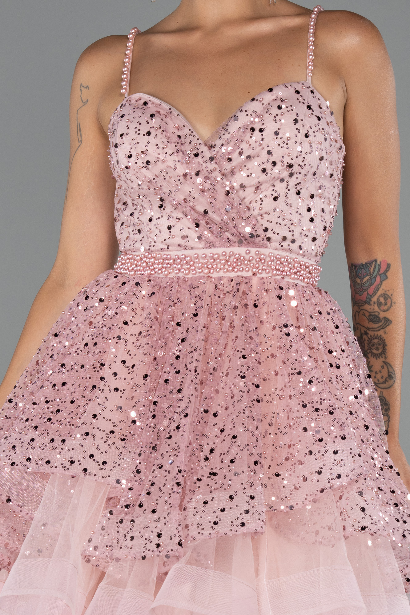 Pudra Askılı Kısa Pullu Abiye Elbisesi ABK2435 - Görsel 3