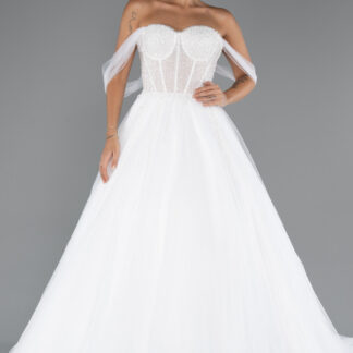 Ekru Kayık Yaka Taşlı Balen Korse Detay Uzun Gelinlik ABG103