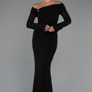 Siyah Omuz Dekolteli Uzun Kol Dantel Abiye Elbise ABU5296