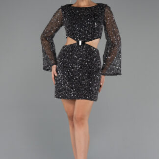 Siyah Uzun Kol Cut Out Pullu Mini Gece Elbisesi ABK2438