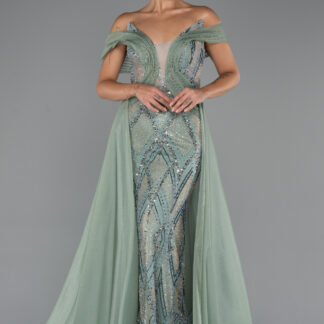 Mint Kayık Yaka Taşlı Uzun Kuyruklu Özel Tasarım Abiye ABU5254