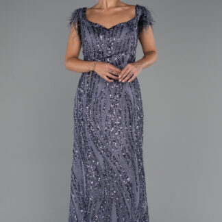 Antrasit Kısa Kol V Yaka Taşlı Uzun Büyük Beden Abiye ABU5182