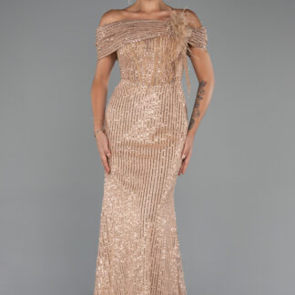 Gold Kayık Yaka Taşlı Uzun Özel Tasarım Abiye ABU5183