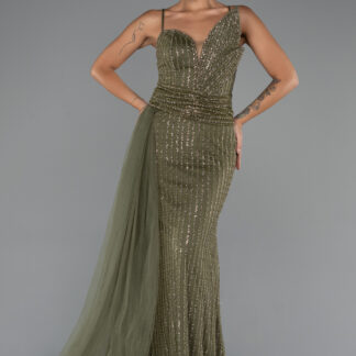 Haki Askılı Kuyruklu Uzun Boncuklu Özel Tasarım Abiye ABU5297