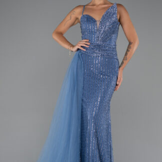 İndigo Askılı Kuyruklu Uzun Boncuklu Özel Tasarım Abiye ABU5297