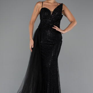 Siyah Askılı Kuyruklu Uzun Boncuklu Özel Tasarım Abiye ABU5297