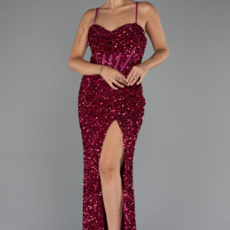 Fuşya Yırtmaçlı Göğüs Drapeli Uzun Pullu Abiye Elbise ABU4842