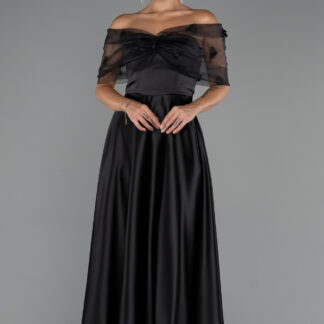 Siyah Kayık Yaka Midi Saten Davet Elbisesi ABK2431