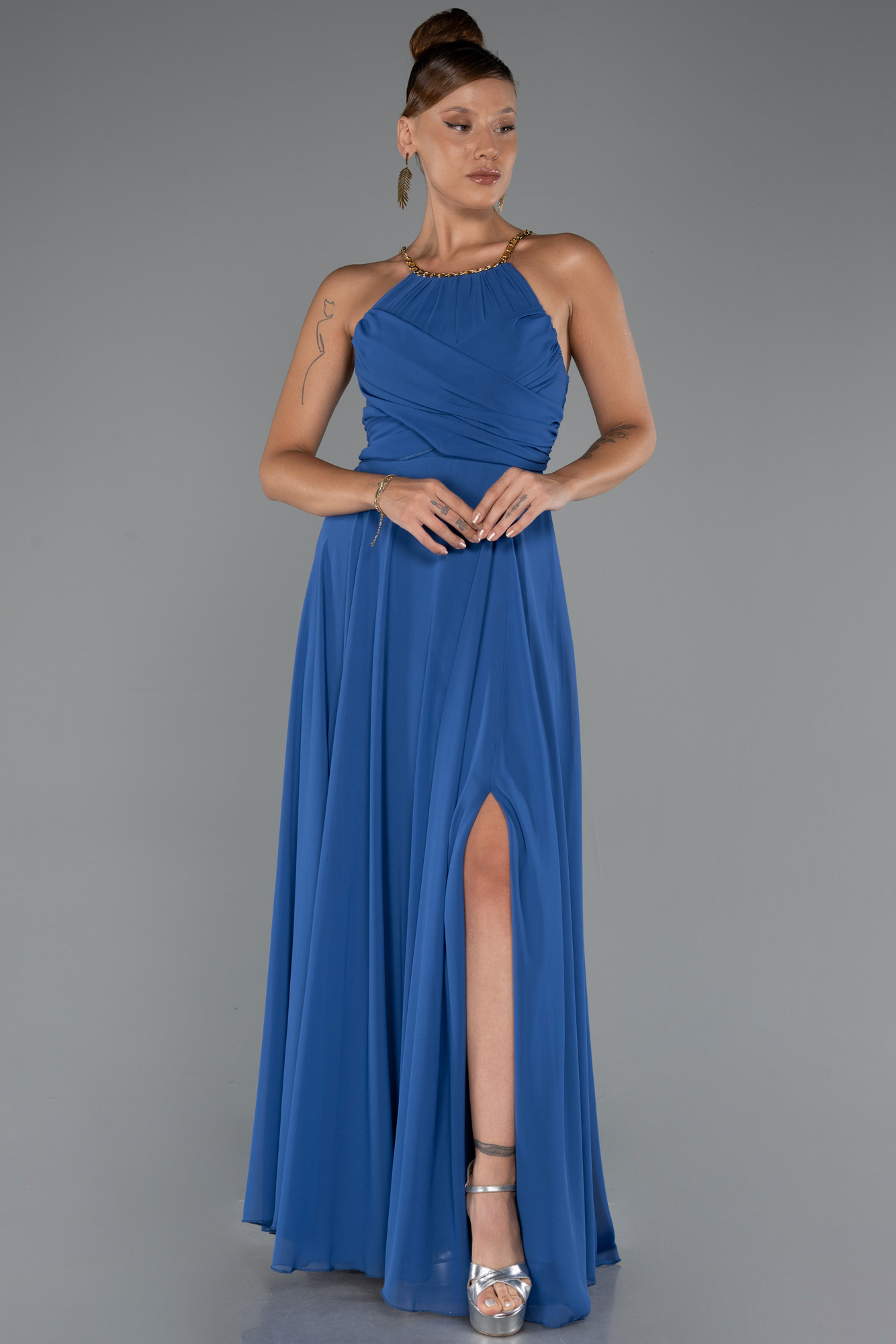 İndigo Balen Korse Yırtmaçlı Uzun Şifon Abiye Elbise ABU5298