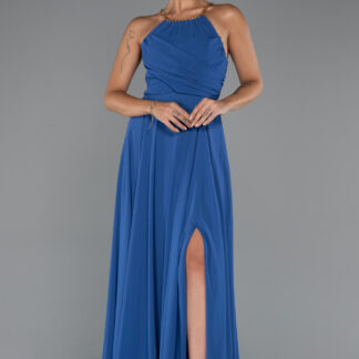 İndigo Bacak Dekolteli Uzun Şifon Büyük Beden Abiye ABU5300