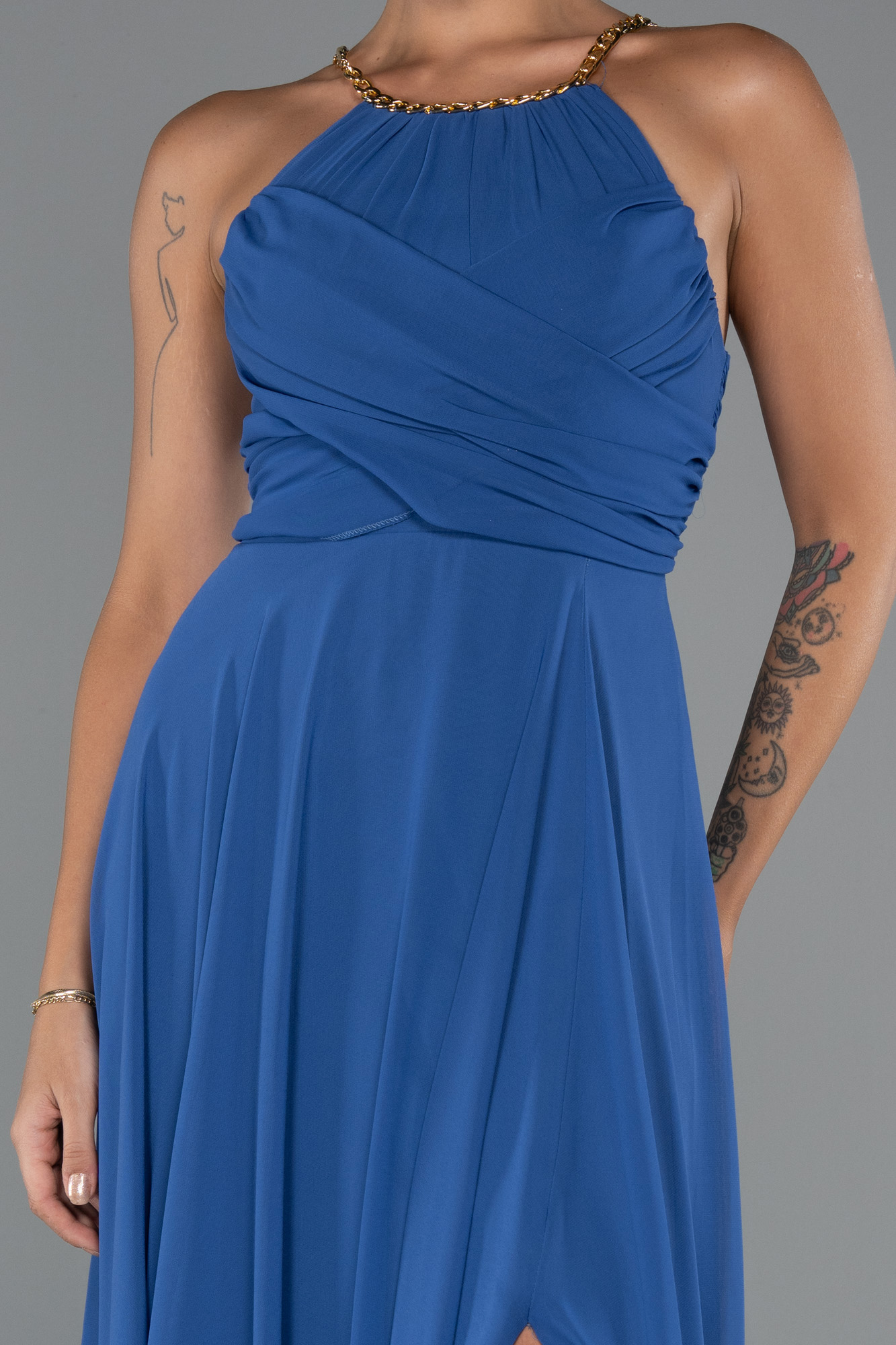 İndigo Balen Korse Yırtmaçlı Uzun Şifon Abiye Elbise ABU5298 - Görsel 3