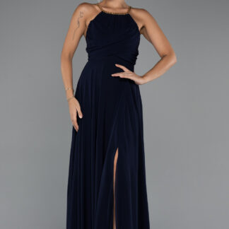 Lacivert Balen Korse Yırtmaçlı Uzun Şifon Abiye Elbise ABU5298