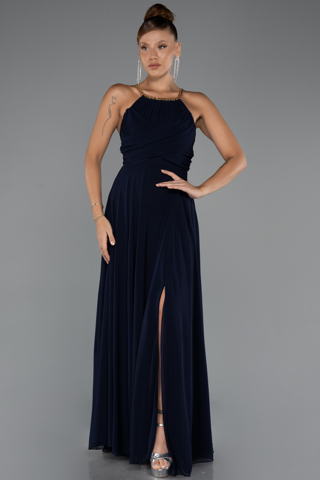 Lacivert Balen Korse Yırtmaçlı Uzun Şifon Abiye Elbise ABU5298