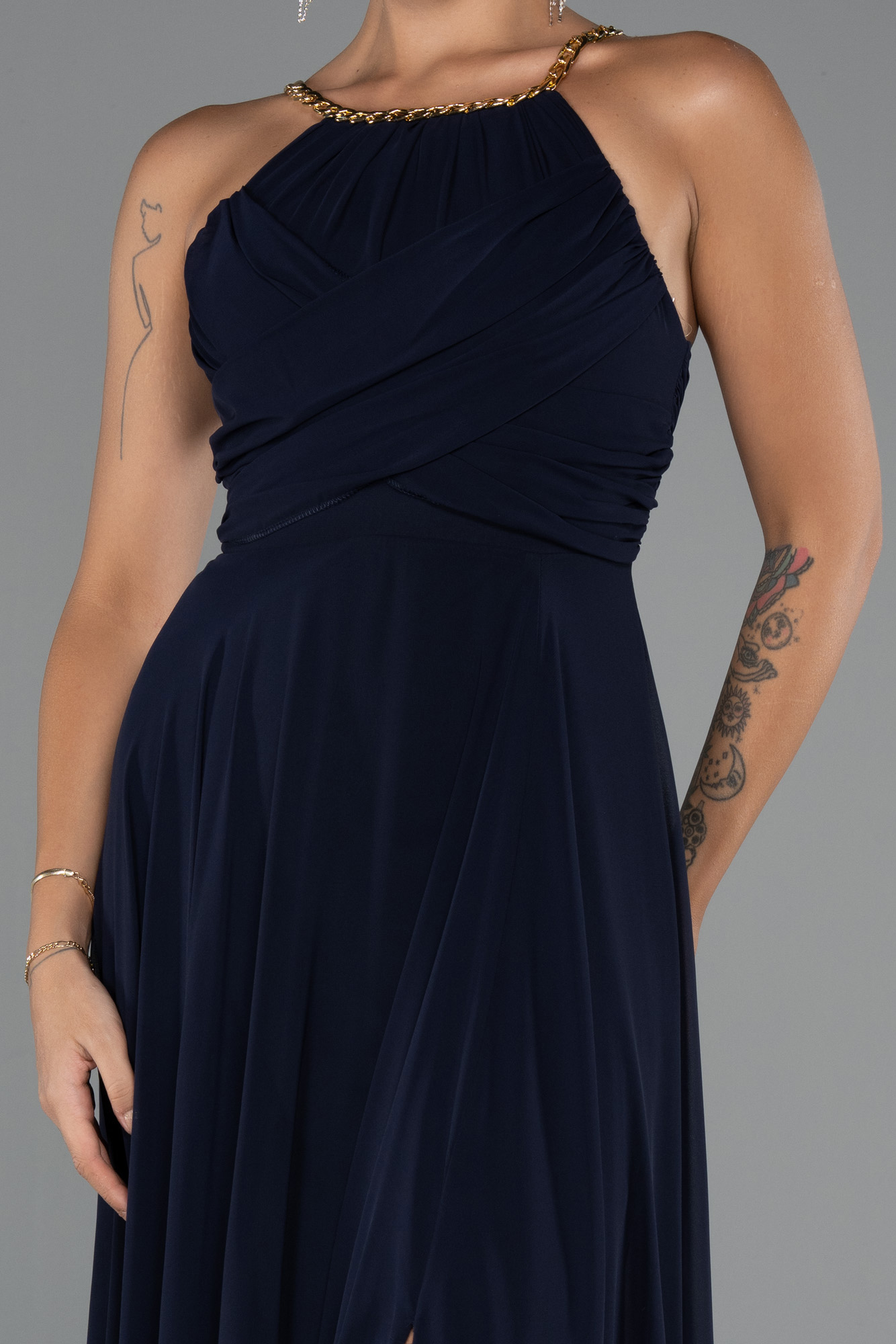 Lacivert Balen Korse Yırtmaçlı Uzun Şifon Abiye Elbise ABU5298 - Görsel 3