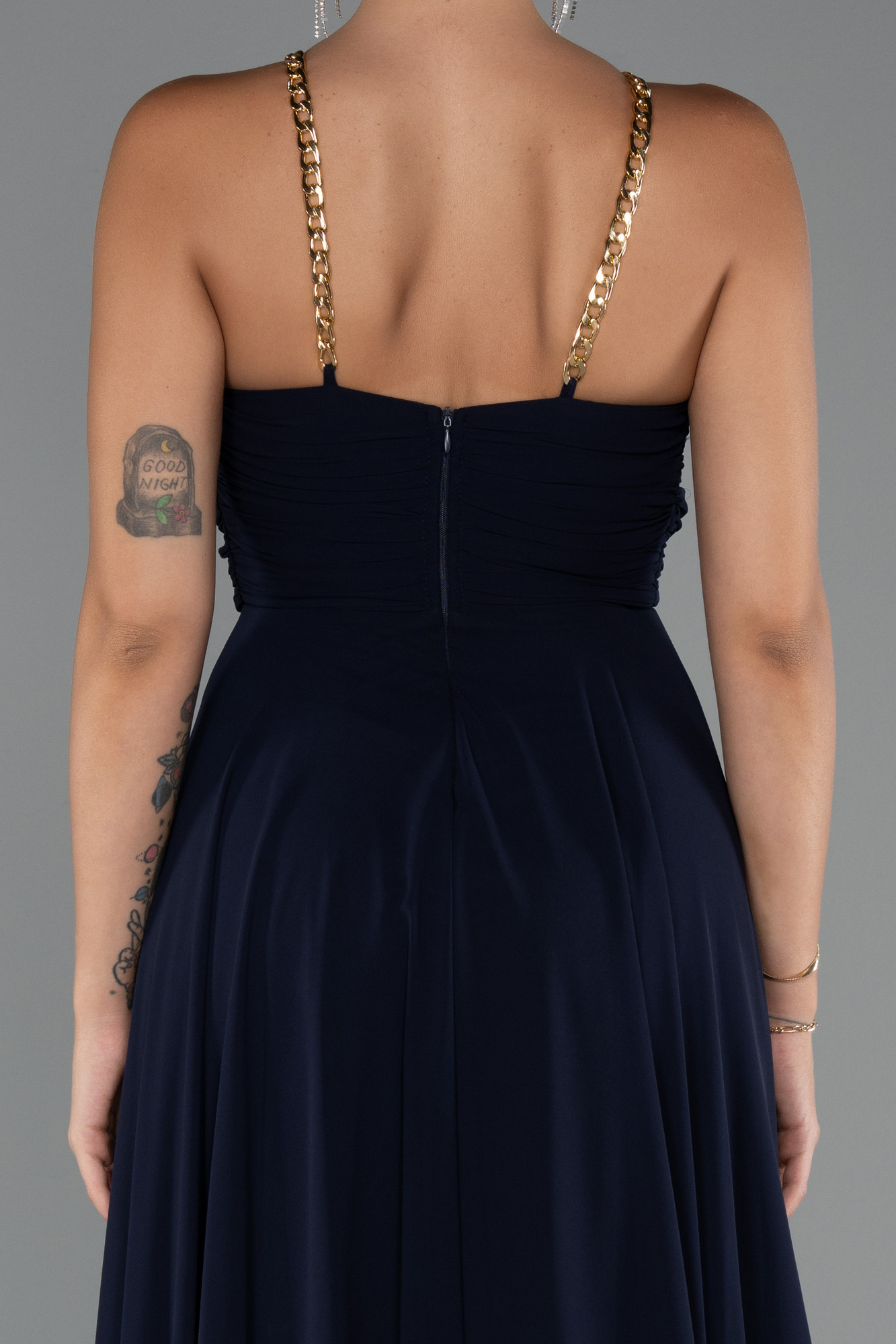 Lacivert Balen Korse Yırtmaçlı Uzun Şifon Abiye Elbise ABU5298 - Görsel 4