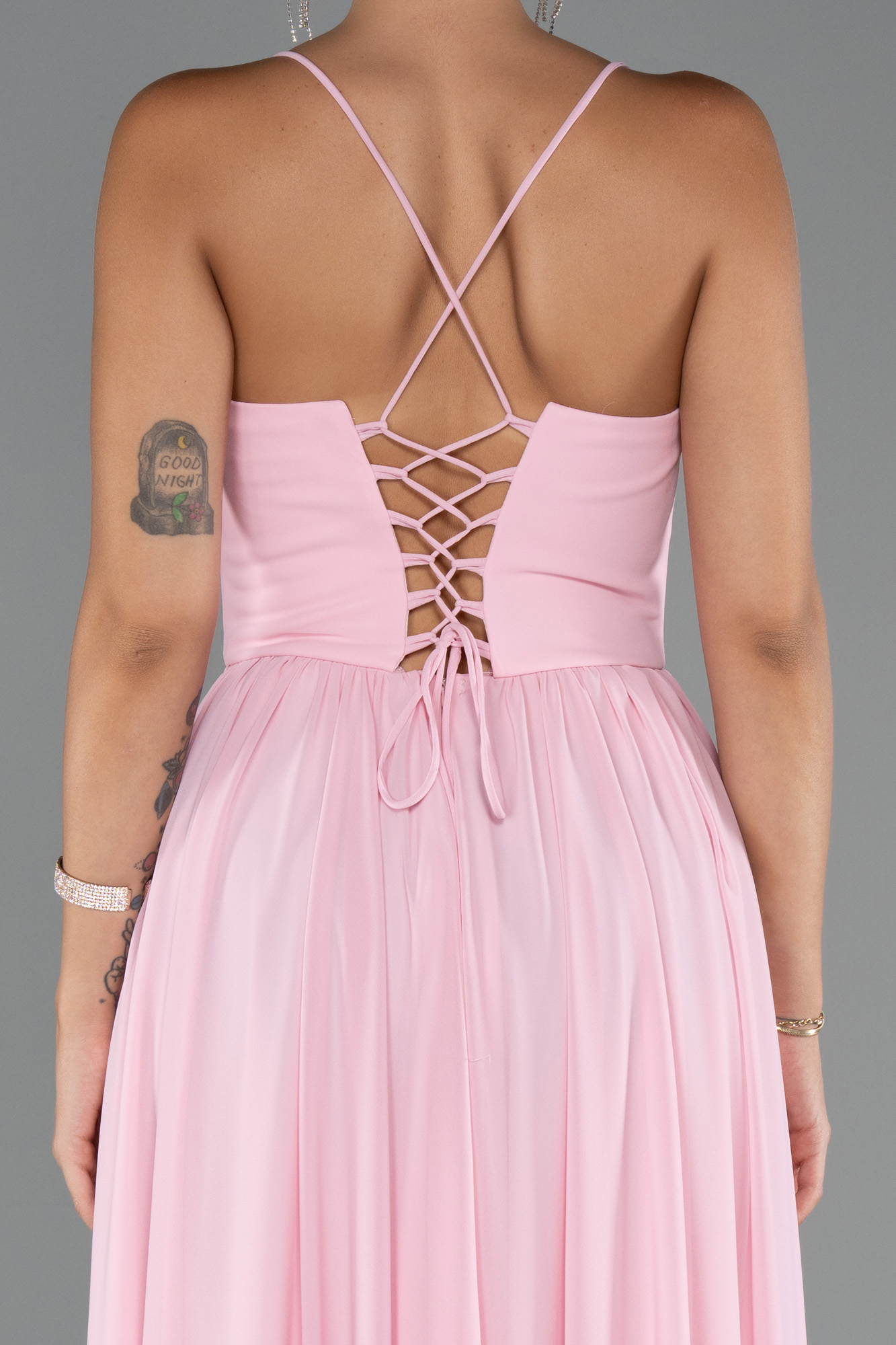 Pudra Sırt Ve Bacak Dekolteli Uzun Şifon Abiye ABU5223 - Görsel 4