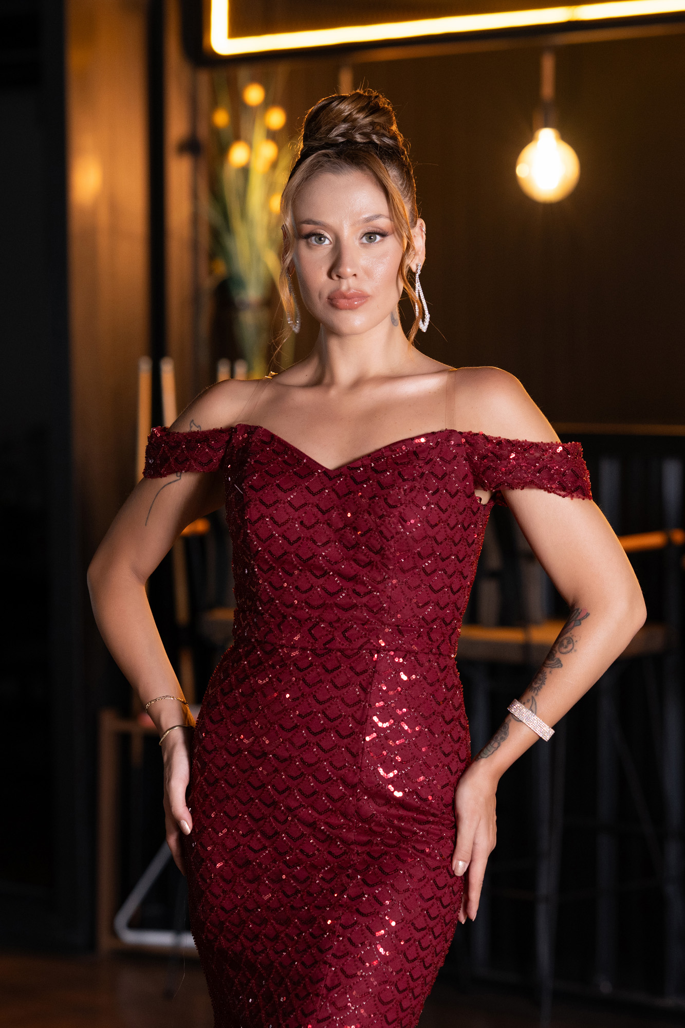 Siyah Kayık Yaka Boncuklu Uzun Abiye Elbise ABU5286 - Görsel 5