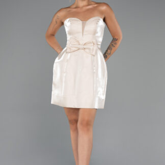 Bej Straplez Mini Saten Gece Elbisesi ABK2439