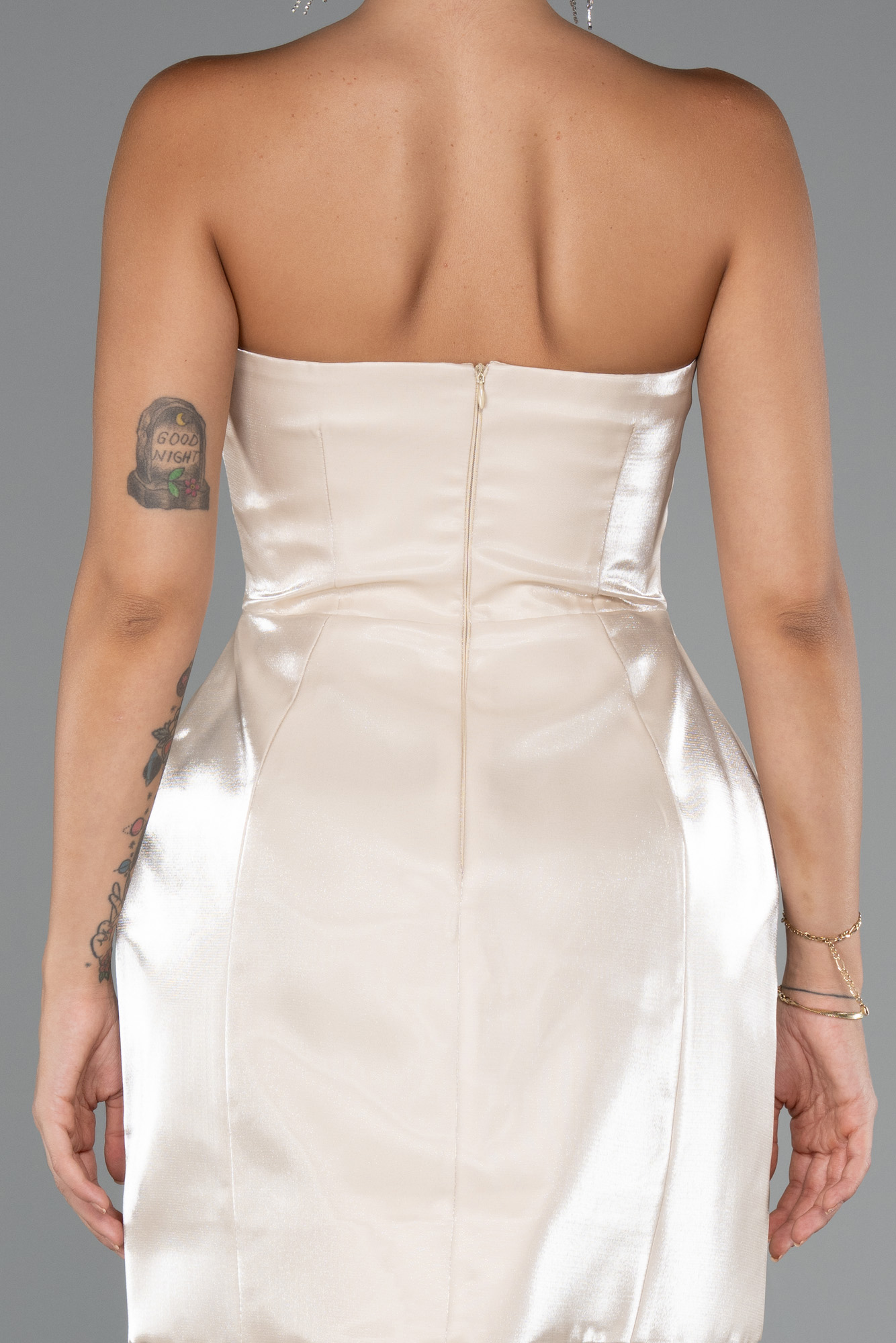 Bej Straplez Mini Saten Gece Elbisesi ABK2439 - Görsel 4