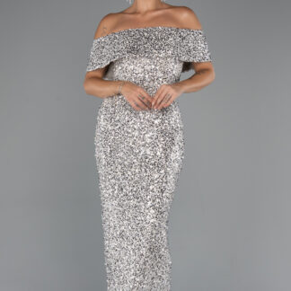 Bej Kayık Yaka Midi Pul Payet Gece Elbisesi ABK2440