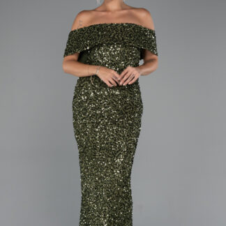 Haki Kayık Yaka Midi Pul Payet Gece Elbisesi ABK2440