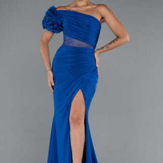 Saks Mavi Tek Omuz Bacak Dekolteli Uzun Abiye Elbise ABU5299