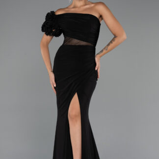 Siyah Tek Omuz Bacak Dekolteli Uzun Abiye Elbise ABU5299