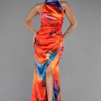 Orange Halter Yaka Bacak Dekolteli Desenli Saten Abiye ABU5305