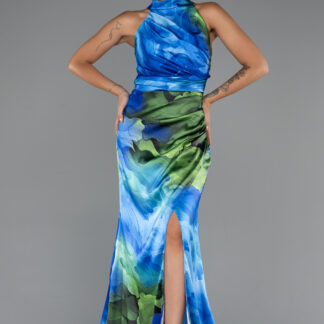 Saks Mavi Halter Yaka Bacak Dekolteli Desenli Saten Abiye ABU5305