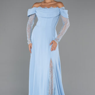 Buz Mavisi Dantelli Uzun Kol Kayık Yaka Balenli Abiye Elbise ABU5301
