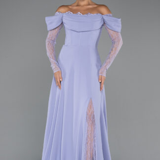 Lila Dantelli Uzun Kol Kayık Yaka Balenli Abiye Elbise ABU5301