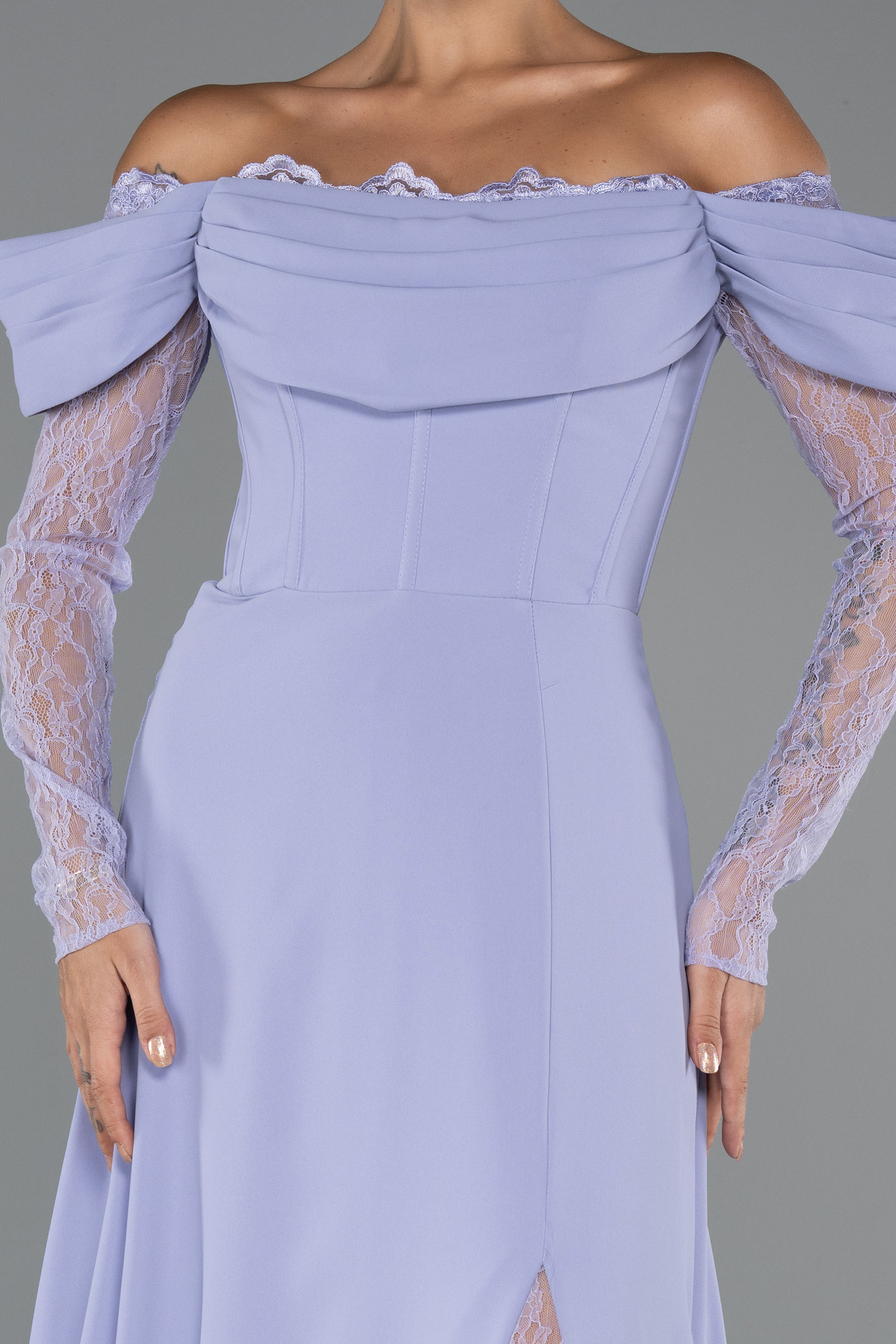 Lila Dantelli Uzun Kol Kayık Yaka Balenli Abiye Elbise ABU5301 - Görsel 3