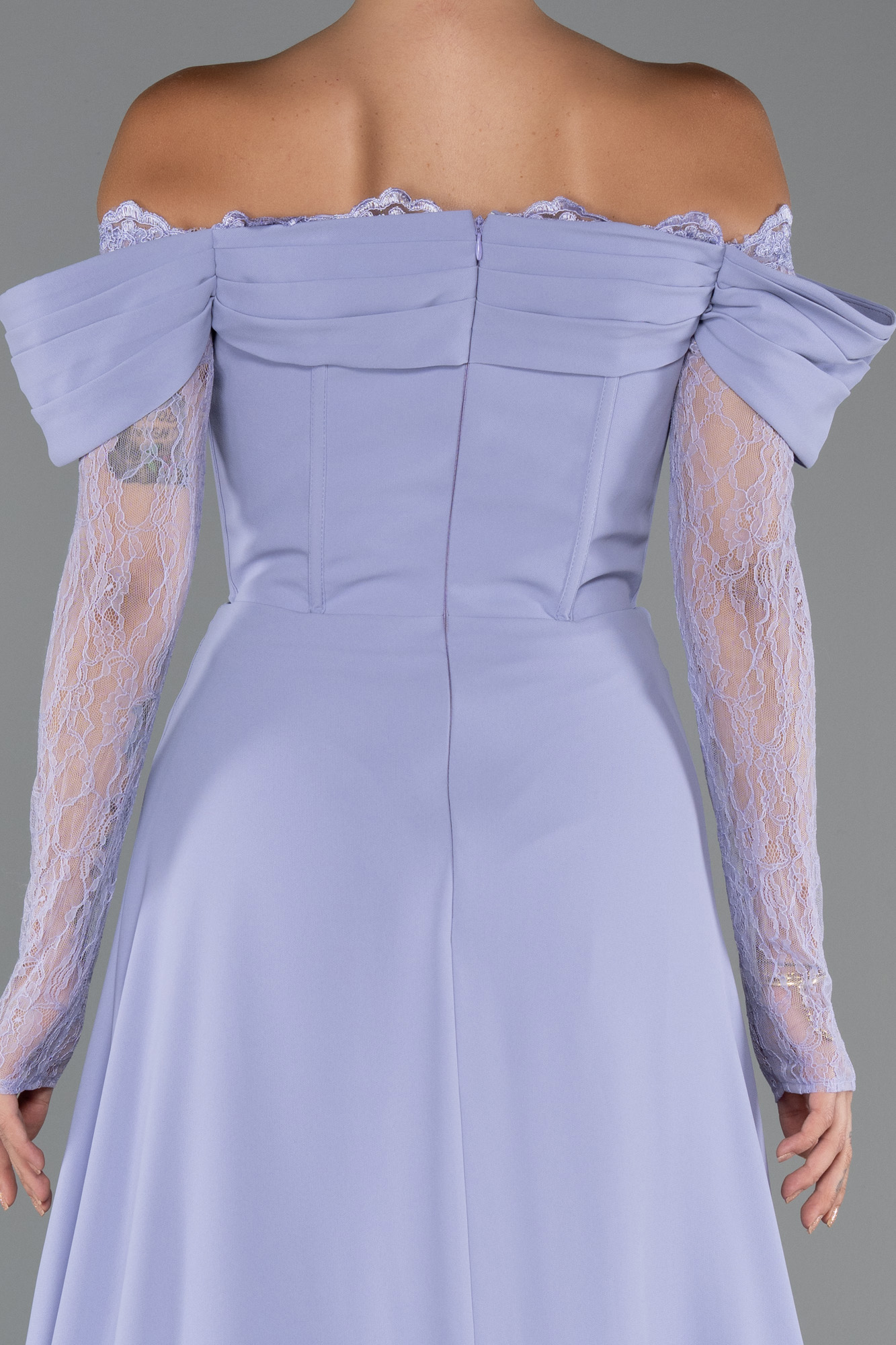 Lila Dantelli Uzun Kol Kayık Yaka Balenli Abiye Elbise ABU5301 - Görsel 4