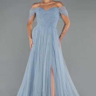 Buz Mavisi Kayık Yaka Bacak Dekolteli Uzun Abiye Elbise ABU5302