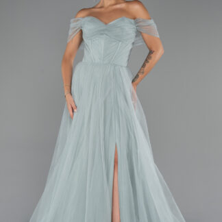 Mint Kayık Yaka Bacak Dekolteli Uzun Abiye Elbise ABU5302