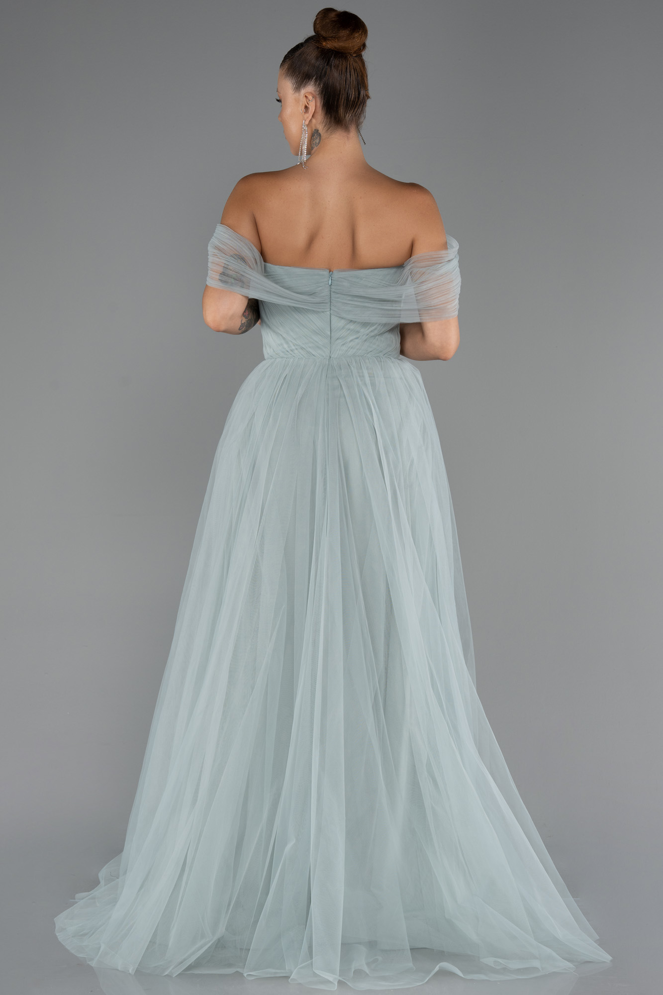 Mint Kayık Yaka Bacak Dekolteli Uzun Abiye Elbise ABU5302 - Görsel 2