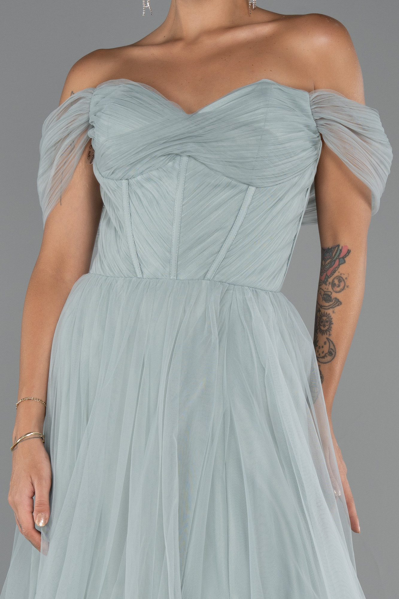 Mint Kayık Yaka Bacak Dekolteli Uzun Abiye Elbise ABU5302 - Görsel 3