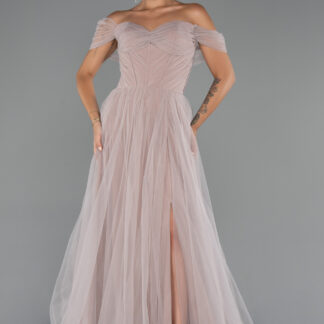 Pudra Kayık Yaka Bacak Dekolteli Uzun Abiye Elbise ABU5302