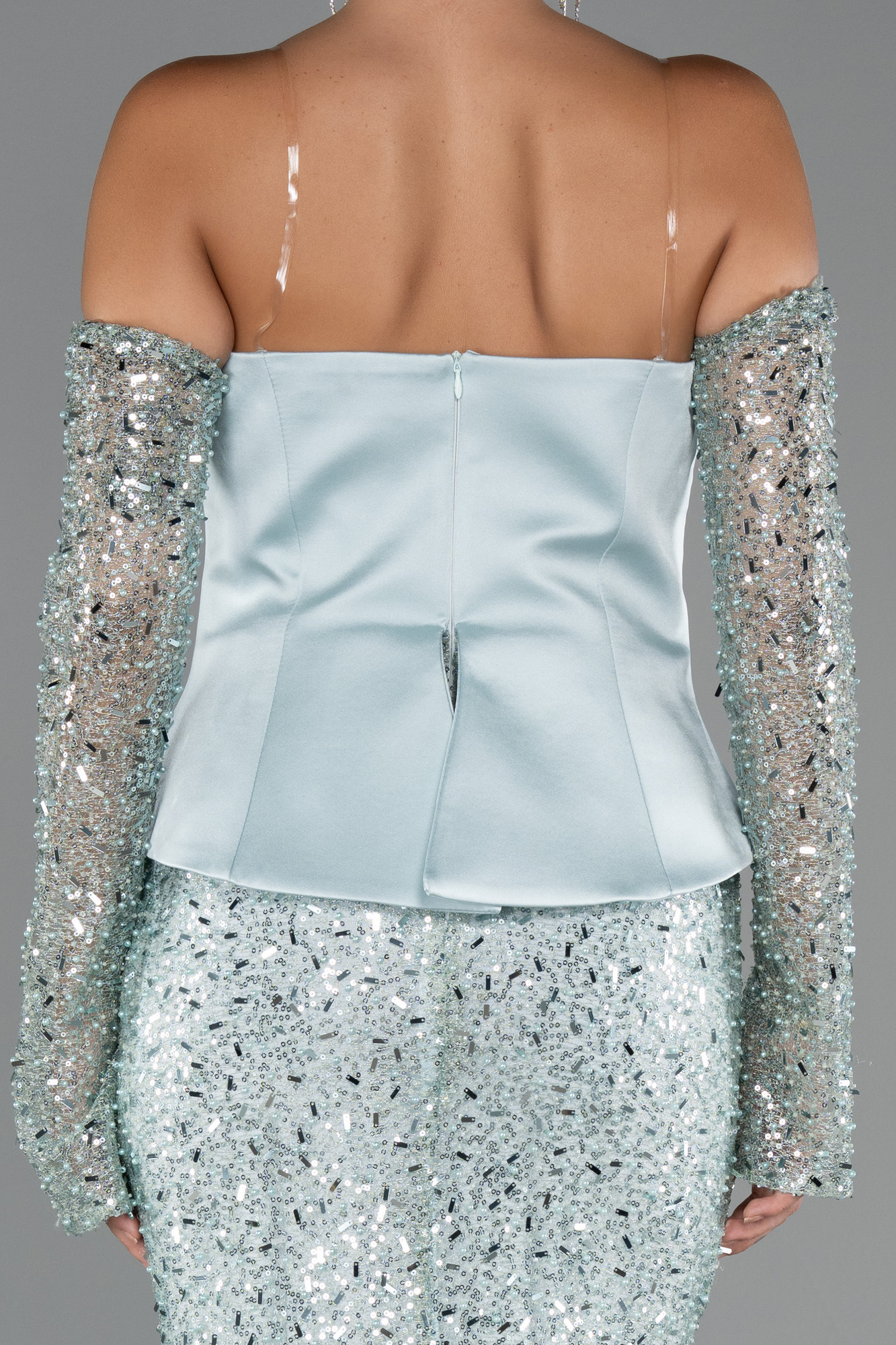 Mint Saten Straplez Uzun Boncuklu Balık Abiye Elbise ABU5303 - Görsel 5