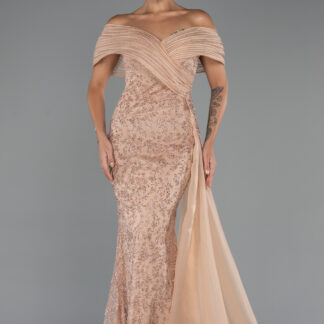 Bakır Kayık Yaka Kuyruklu Uzun Simli Balık Abiye Elbise ABU5304