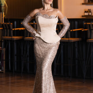 Gold Saten Straplez Uzun Boncuklu Balık Abiye Elbise ABU5303