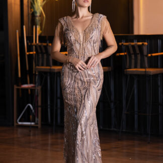 Gold Boncuk Detaylı V Yaka Uzun Pullu Özel Tasarım Abiye ABU5312