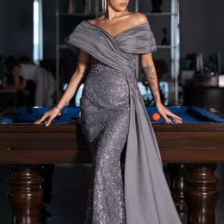 Antrasit Kayık Yaka Kuyruklu Uzun Simli Balık Abiye Elbise ABU5304